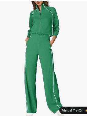 Green Wide-Leg Zip-Neck Jumpsuit with White Piping easy potty feature 💚